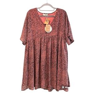 Umgee Pink Leopard Print Babydoll Mini Dress Tunic V-Neck Short‎ Sleeve M NEW